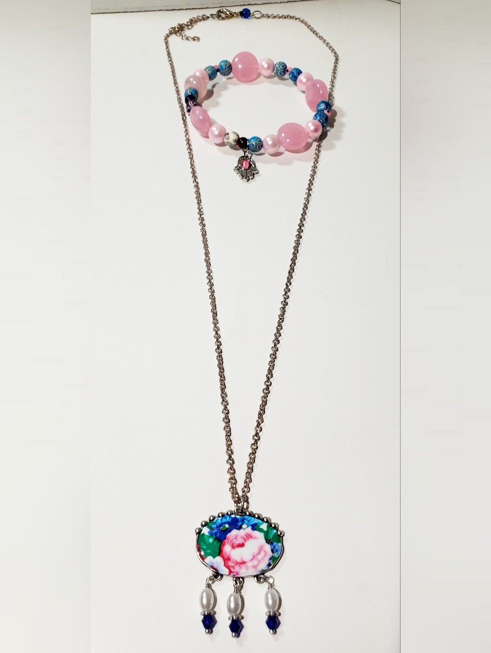 Handmade Blue Floral Pendant Necklace - Pink Accent Beads With Bracelet